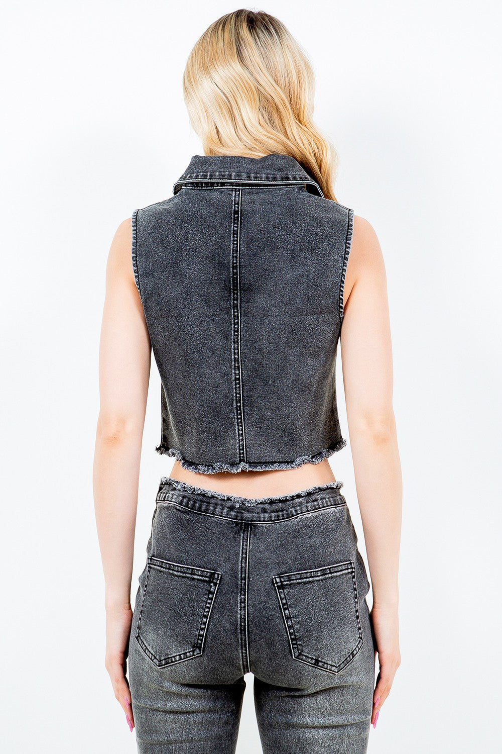 American Bazi Zip Up Washed Crop Denim Vest